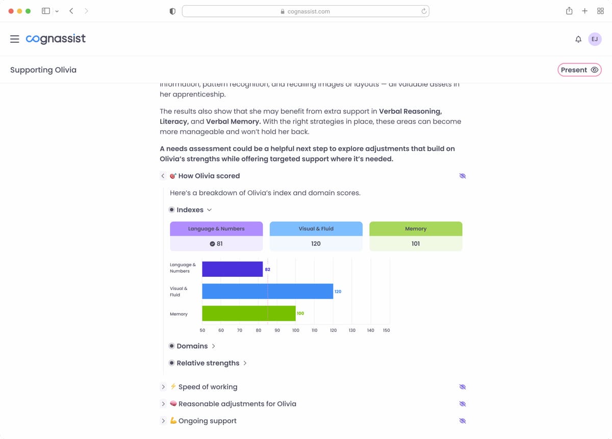 A learner's cognitive assessment results as a tutor sees them: scores across the three cognitive indexes, with relative strengths and suggested adjustments.