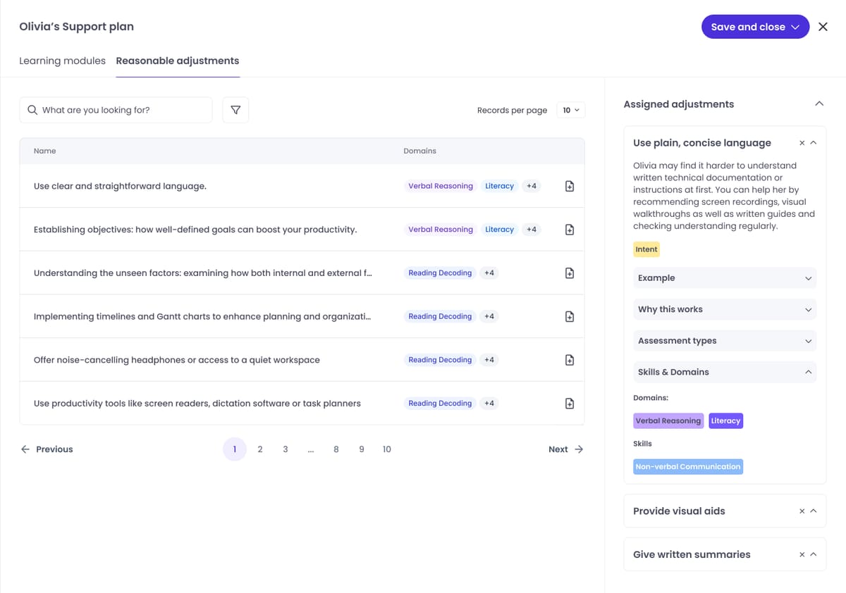 The Cognassist support-plan builder: a learner's reasonable adjustments, each matched to their cognitive profile and shown with its intent, ready for the tutor to review and add.