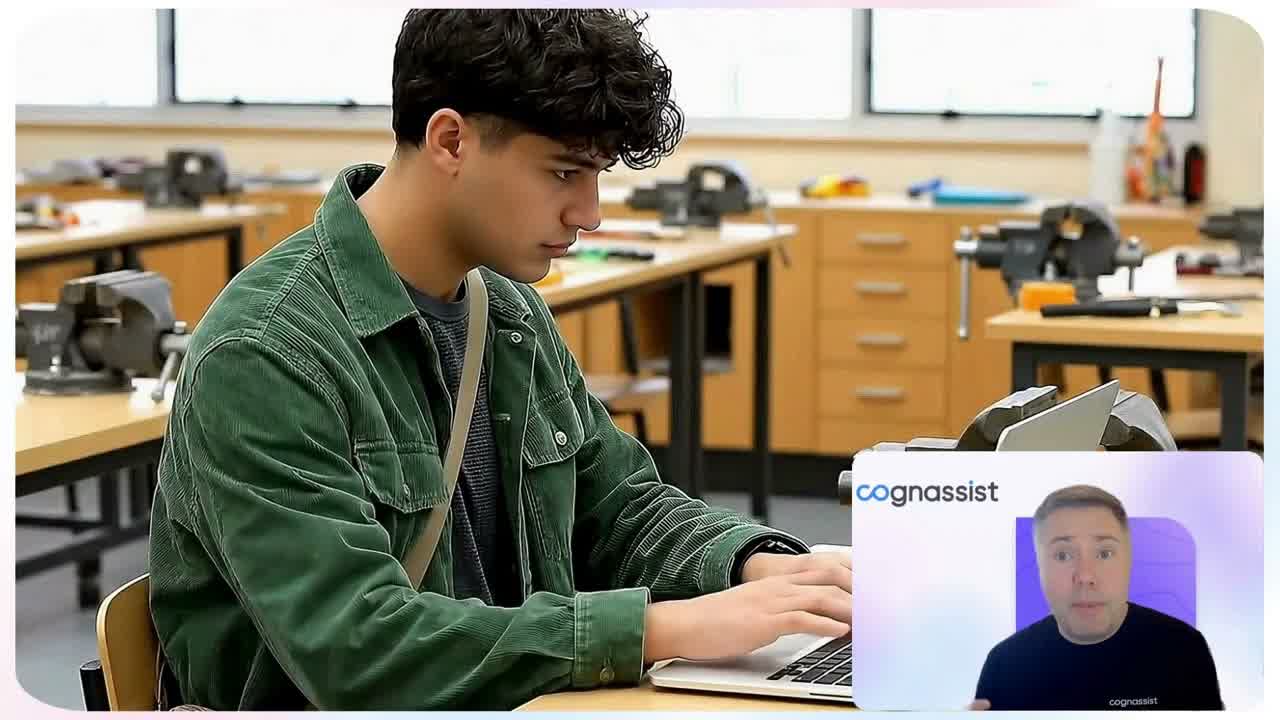 A learner working on a laptop in a college workshop, with a Cognassist presenter speaking in an inset panel.