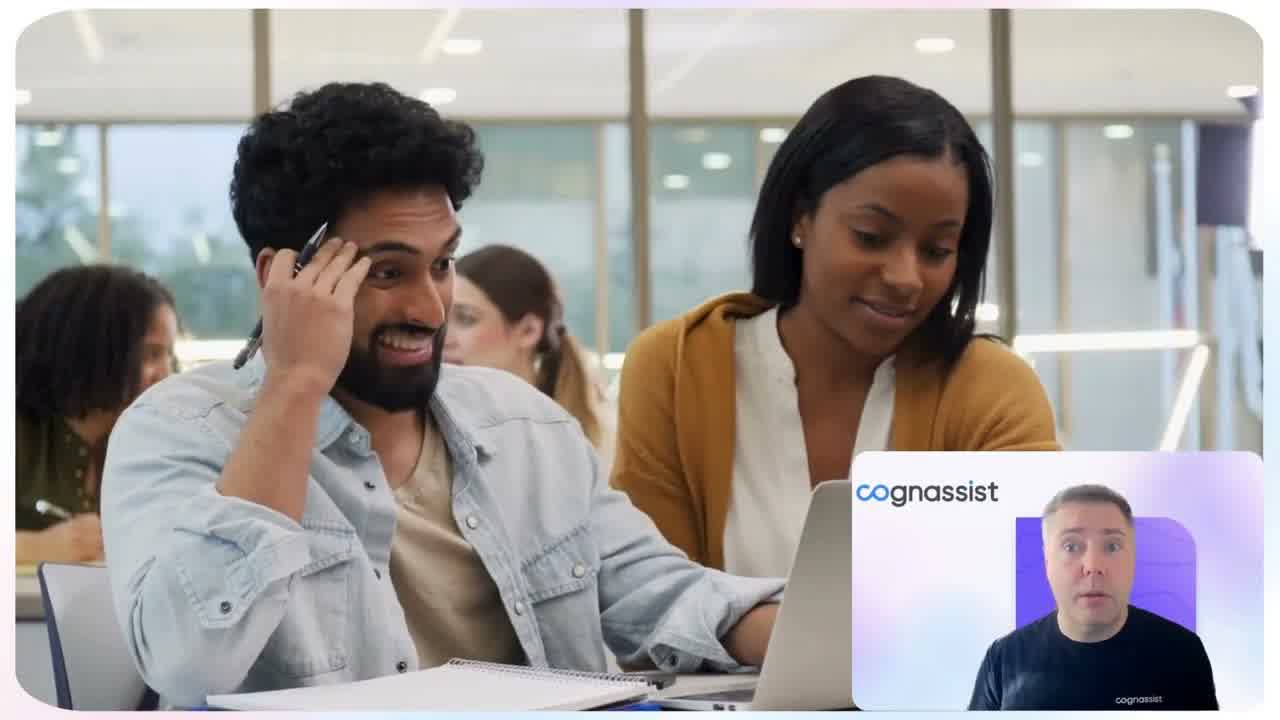 Two learners working together at a laptop in a bright college classroom, with a Cognassist presenter speaking in an inset panel.